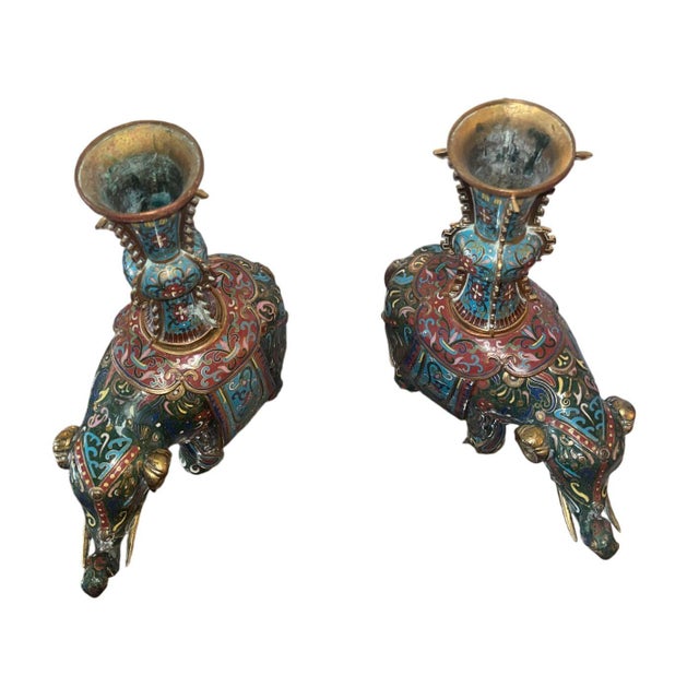 Chinese Pair of 19th Century Chinese Cloisonné Elephant Gu Vases For Sale - Image 3 of 10