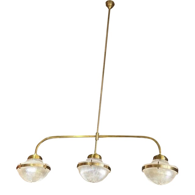 Vintage 1940s Art Deco Ship 3 Light Ceiling Chandelier Fixture in Brass & Glass For Sale