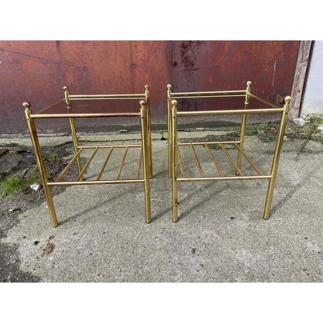 Gold Mid-Century Modern Italian Nightstands in Brass and Glass, 1980s, Set of 2 For Sale - Image 8 of 9
