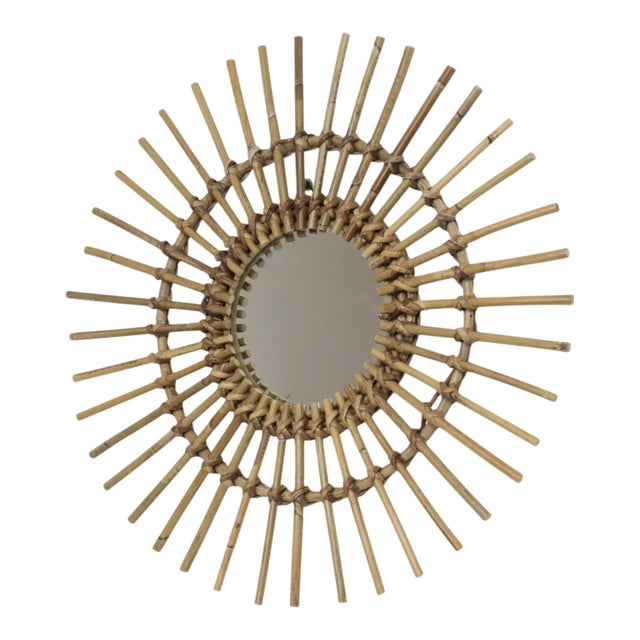 Boho Chic Mid-Century Rattan and Bamboo Sunburst Mirror, France, 1960s For Sale - Image 3 of 12