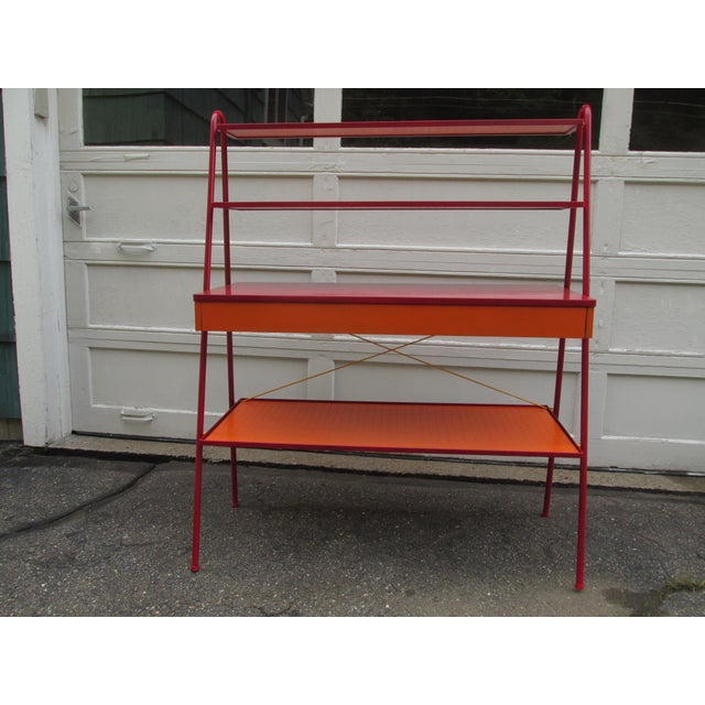 Painted Modernist Style single drawer etagere circa 1960. Steel frame and cross stretcher with removable perforated...