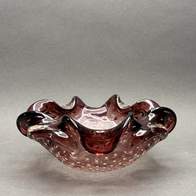• Barovier & Toso attributed Murano art glass bowl with sculptural ruffled rim and controlled bubble design. Attribution...