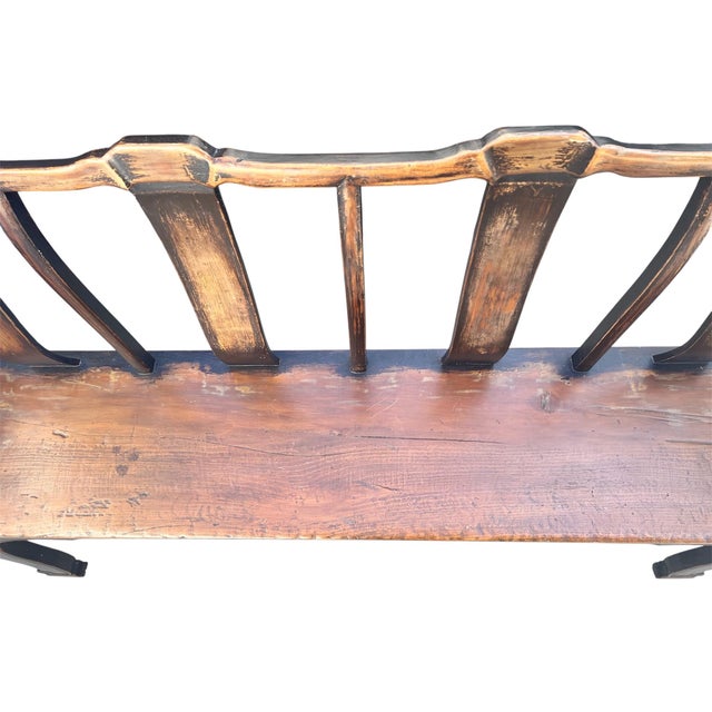 Long Antique Elmwood Bench With Custom Down Cushion For Sale - Image 12 of 12