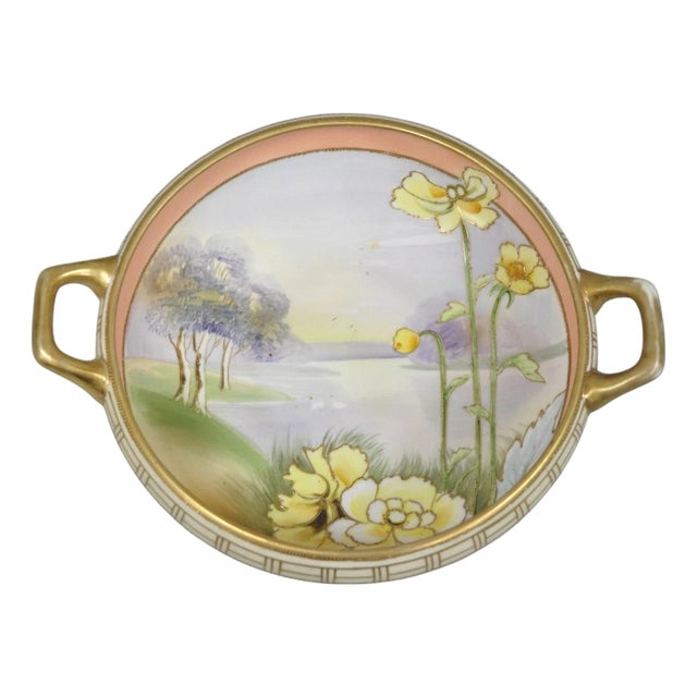 Antique Nippon Morimora Hand Painted Flowers & Ducks Coral Porcelain Bowl (A) For Sale