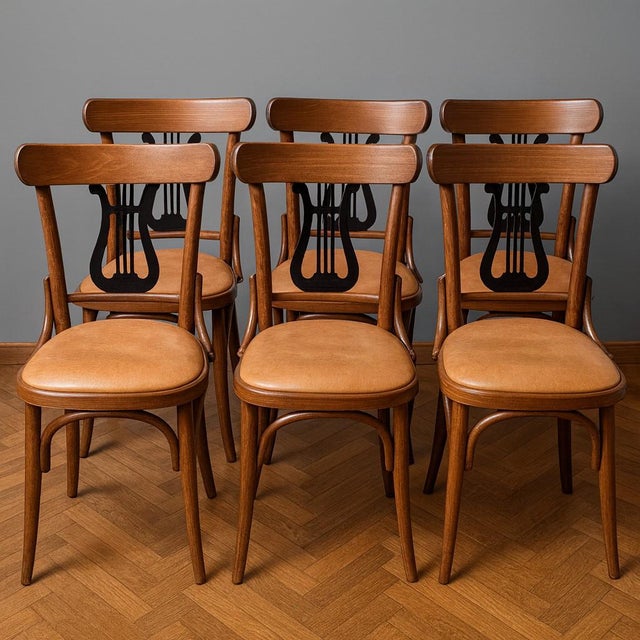 Vintage Bentwood Chairs with Black Lyre-Shaped Backrest, 1930s, Set of 6 For Sale - Image 10 of 10