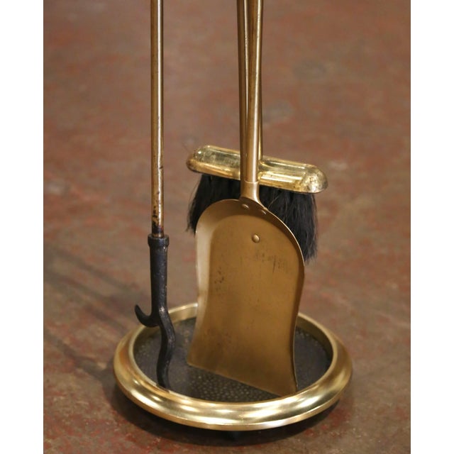 Mid-Century French Brass and Iron Four-Piece Fireplace Tool Set on Stand For Sale - Image 4 of 9