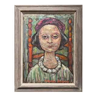 1954 E. Romano "Beatrice in Violet Beret" Oil Painting on Artist Board For Sale