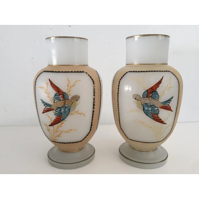 1930s Vintage Hand Painted Bristol Glass Vases With Flying Birds Decoration S/2 For Sale - Image 5 of 5