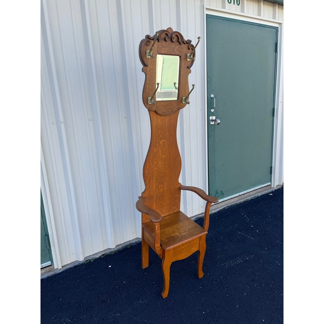 American Antique Tall Tiger Oak Hall Seat With Mirror For Sale - Image 3 of 12