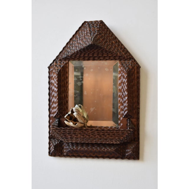 American Antique Geometric Chip Carved Wall Pocket / Comb Box With Beveled Glass Mirror, Circa Late 19th Century For Sale - Image 3 of 17