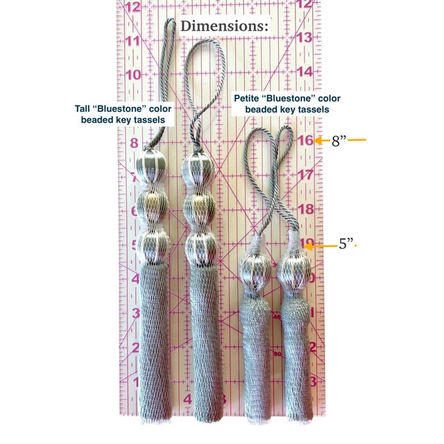 Pair of Beaded Satin Key Tassels in Bluestone Color For Sale - Image 11 of 13