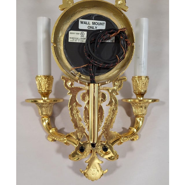 Late 20th Century French Neoclassical Empire Style Gilt Bronze Two Light Wall Sconces W. Mirrors - a Pair For Sale - Image 16 of 17