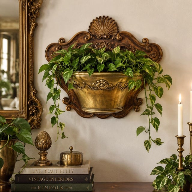 Striking vintage 1965 Syroco wall pocket planter featuring an elaborate faux-carved wood plaque paired with a removable...
