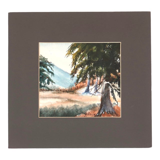 Mid 20th Century Original Matted Signed Watercolor Landscape Painting of Forest Edge With Pine Trees and Mountain For Sale