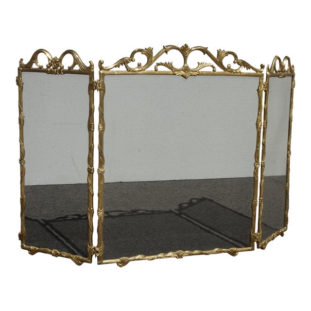 Vintage French Country Brass W Mesh Three Panel Fireplace Screen For Sale