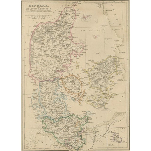 Denmark with schleswig & holstein, iceland, greenland, antique map, blackie 1860 : this original antique map presents a...