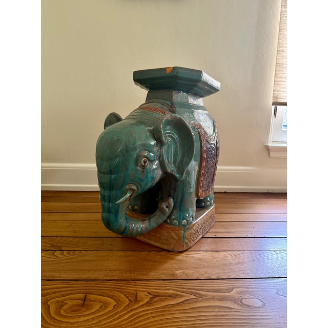 A vintage mid-century glazed ceramic elephant shaped garden stool/end table. Good condition with one imperfection. Overall...