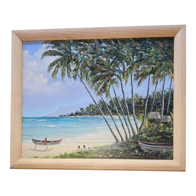 1980s Hawaiian Landscape Oil on Board by Daris Davis in Tropical Wood Frame For Sale