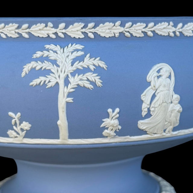English Vintage Wedgwood Neoclassical Blue Jasperware Large Pedestal High-Relief Centerpiece Bowl, Marked For Sale - Image 3 of 6