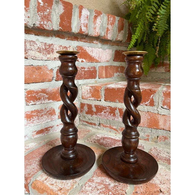Pair Set Antique English Oak Open Barley Twist Candlesticks Candle Holder Brass For Sale - Image 4 of 12