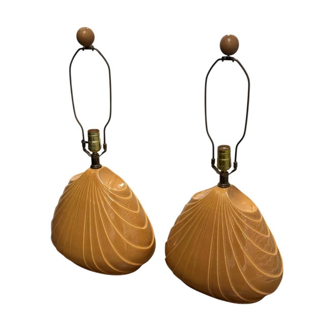 Art Deco 1980 Art Deco Shell Style Coral Tan Table Lamps- A Pair For Sale - Image 3 of 5