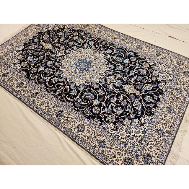 Vintage Fine Nain Habibian Area Rug, Hand-Knotted Wool & Silk, Floral Pattern, 5x8, Navy & Ivory For Sale - Image 11 of 12