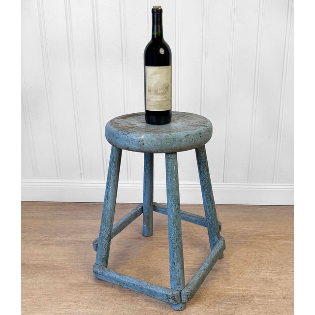 - Original Early 20th Century Farmhouse Milking Stool - Solid Hardwood with a Heavily Aged Blue Finish - Stepped Footrest...