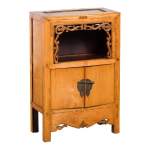 19th Century Chinese Qing Dynasty Small Cabinet with Carved Shelf & Apron