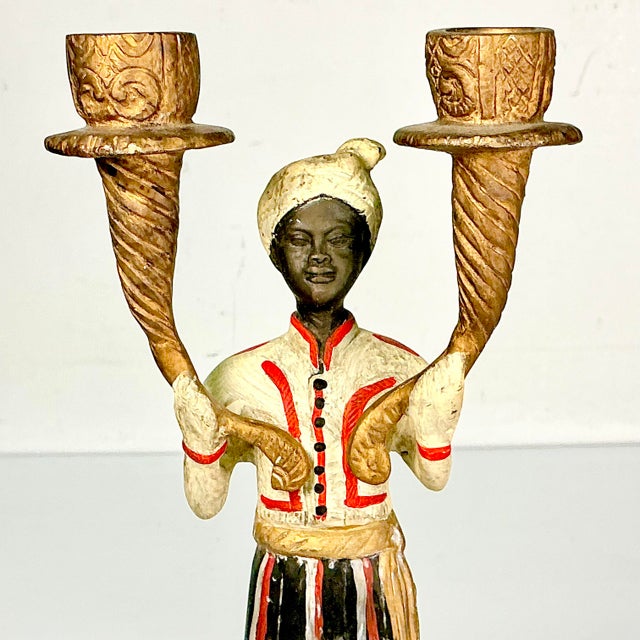 Metal Early 1900s Antique Mediterranean Italian Venetian Moorish Painted Bronze Candelabras - A Pair For Sale - Image 7 of 17