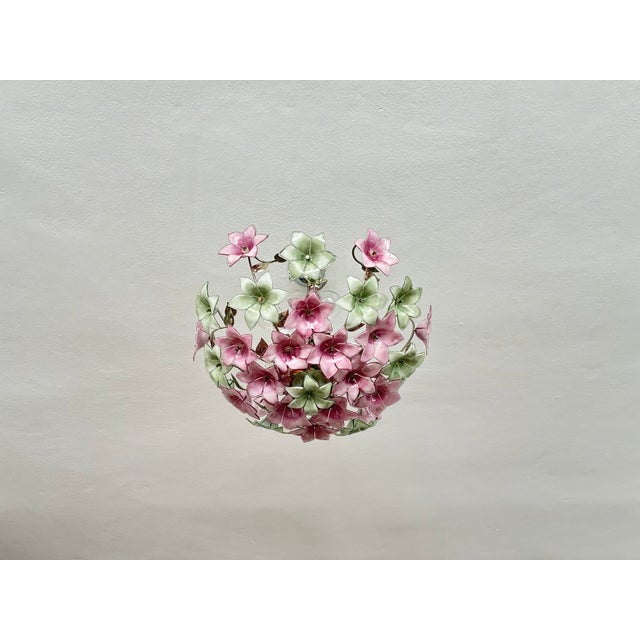 Vintage Italian Murano Style Botanical Flower Ceiling Light, Vintage Handblown Pink Green Glass Bouquet Chandelier, 5-Light Flush Mount For Sale - Image 12 of 17