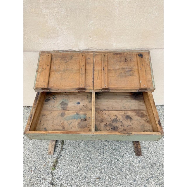 Wood Antique French Primitive Rustic Green Distress Painted Flip Top Wood School Desk For Sale - Image 7 of 17
