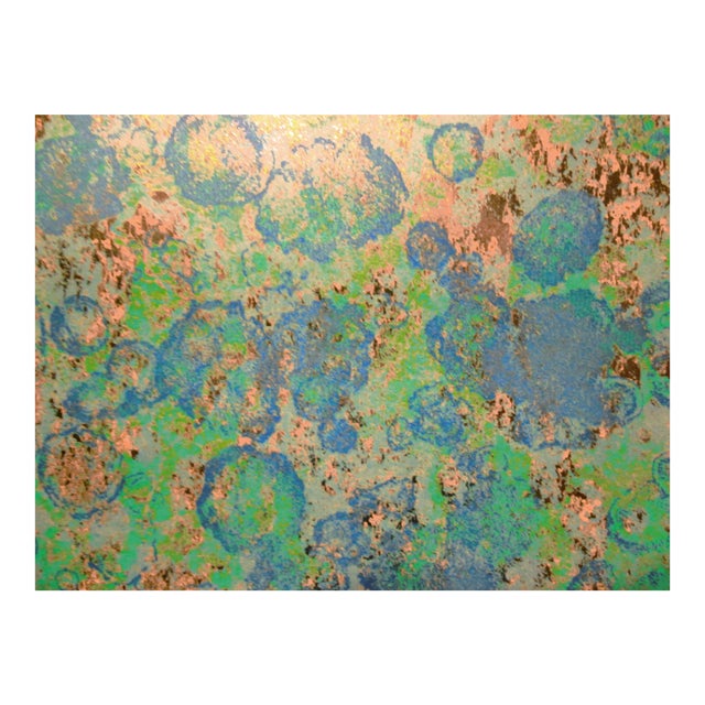 1970s Metallic/Foil Wallpaper with a Blue and Green Motif. Approx. 5 meters x ~60cm width. Woven backing. Photos were...