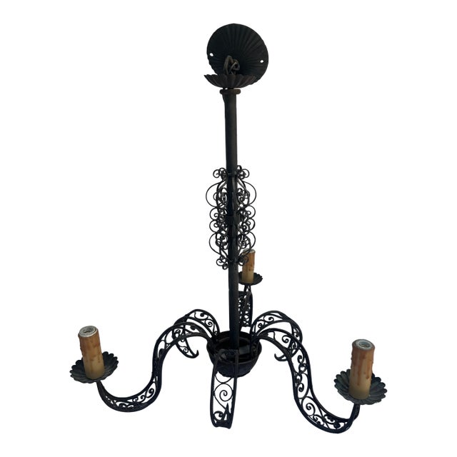 1930s Wrought Iron 3-Arm Scroll Chandelier For Sale