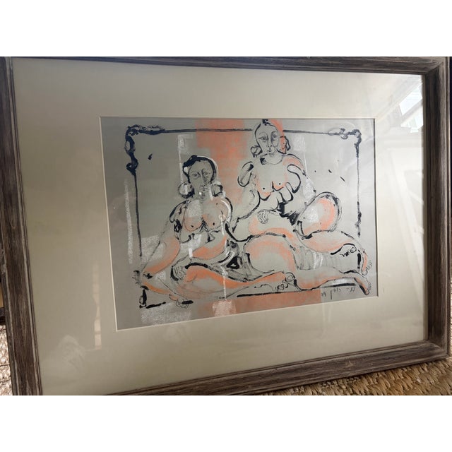 Funky and graceful, this original work features two abstract female figures. It appears to be oil pastel or possibly paint...