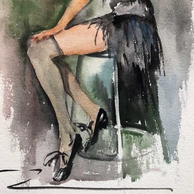Realism Original Vintage Watercolor Female Portrait Bar Scene For Sale - Image 3 of 6