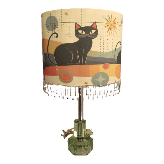 Mid 20th Century Mid-Century Modern Etched Glass Lamp + Atomic Cat Print Shade For Sale
