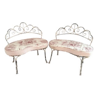 Vintage Wrought Iron Children’s Benches With Custom Toile Cushions - A Pair For Sale