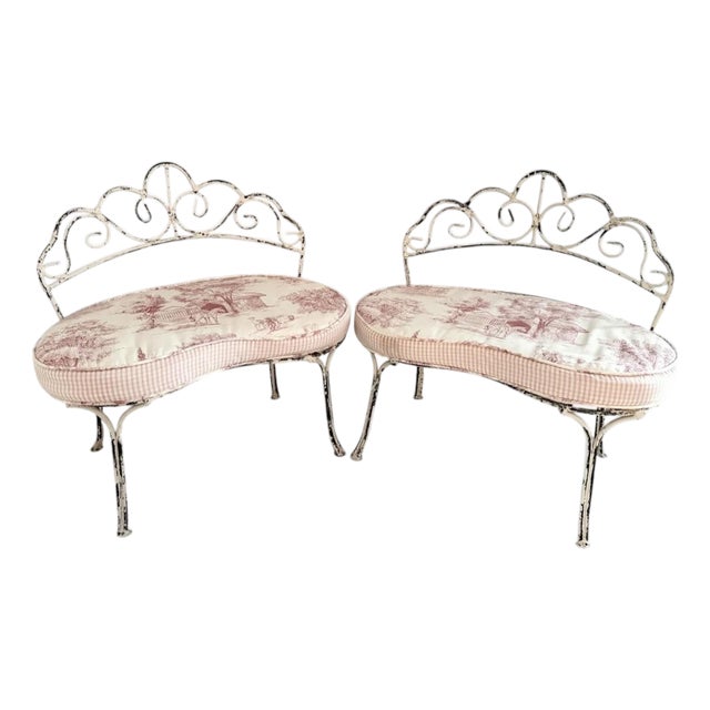 Vintage Wrought Iron Children’s Benches With Custom Toile Cushions - A Pair For Sale