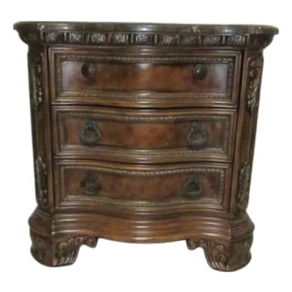 1980s Nightstand 3 Drawer Marble Top Carved Wood Dark Tone Italian Style For Sale