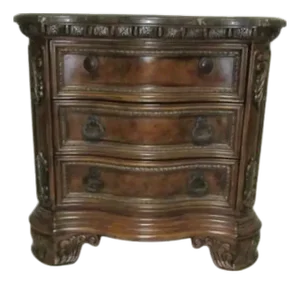 1980s Nightstand 3 Drawer Marble Top Carved Wood Dark Tone Italian Style
