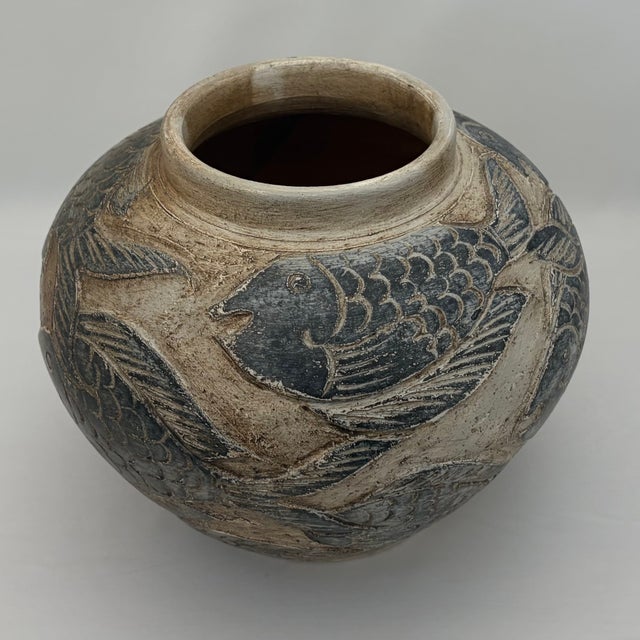 Ceramic Vintage Asian-Style Ceramic Vase With Raised Relief Fish Motif For Sale - Image 7 of 13