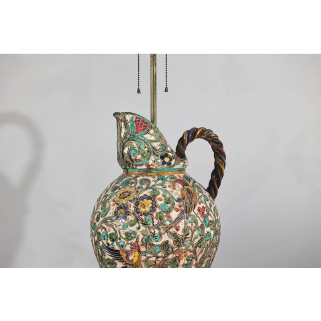 Green Mid 20th Century Majolica-Style Mid-Century Modern Ceramic Table Lamp with Birds and Floral Motifs For Sale - Image 8 of 12