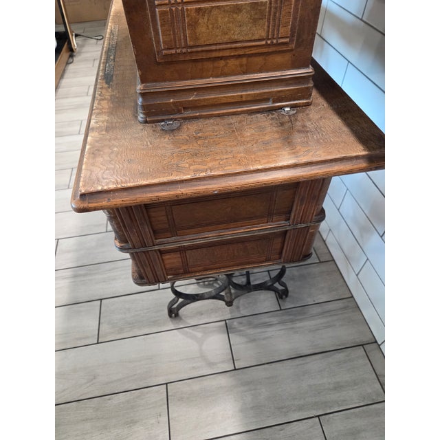 Brown Antique Davis Treadle Sewing Machine in Wooden Cabinet With Ornate Cast Iron Base, Late 19th Century For Sale - Image 8 of 14