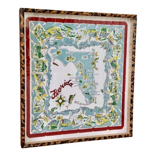 Vintage Florida Map Tablecloth Custom Framed With Tortoise Rattan and Grasscloth For Sale