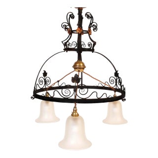 Large Art Nouveau Copper and Wrought Iron Three-Light Pulley Lamp with Glass Shades, 1900 For Sale