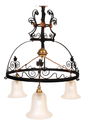 Large Art Nouveau Copper and Wrought Iron Three-Light Pulley Lamp with Glass Shades, 1900