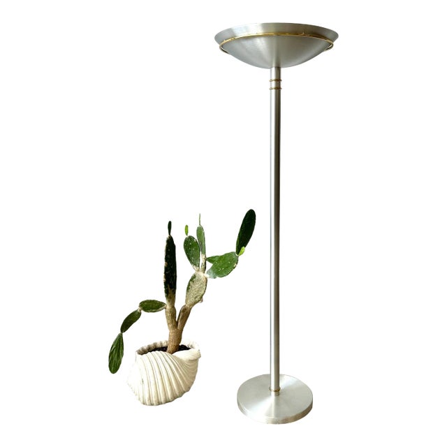 Vintage Postmodern Brushed Aluminum and Brass Torchiere Floor Lamp For Sale