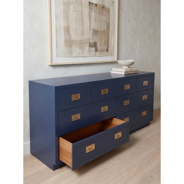 Wood Vintage Henredon Campaign Dresser Credenza in Navy With Brass Hardware For Sale - Image 7 of 9