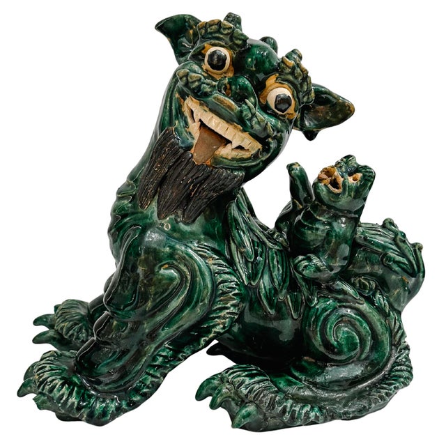 Large Vintage Chinese Green Glazed Pottery Kylin Chinese Dragons - a Pair For Sale - Image 9 of 17