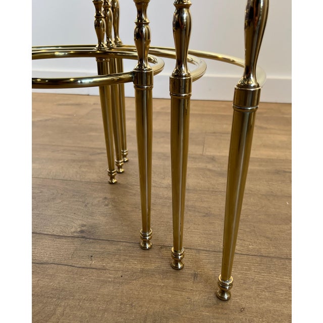 Neoclassical Set of 3 Round Brass Nesting Tables With Glass Top Surrounded by Silver Edges For Sale - Image 3 of 12